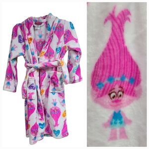 Poppy Trolls Plush Bathrobe Girls 10 White/Pink Fuzzy Fleece Long Spa Bath Robe